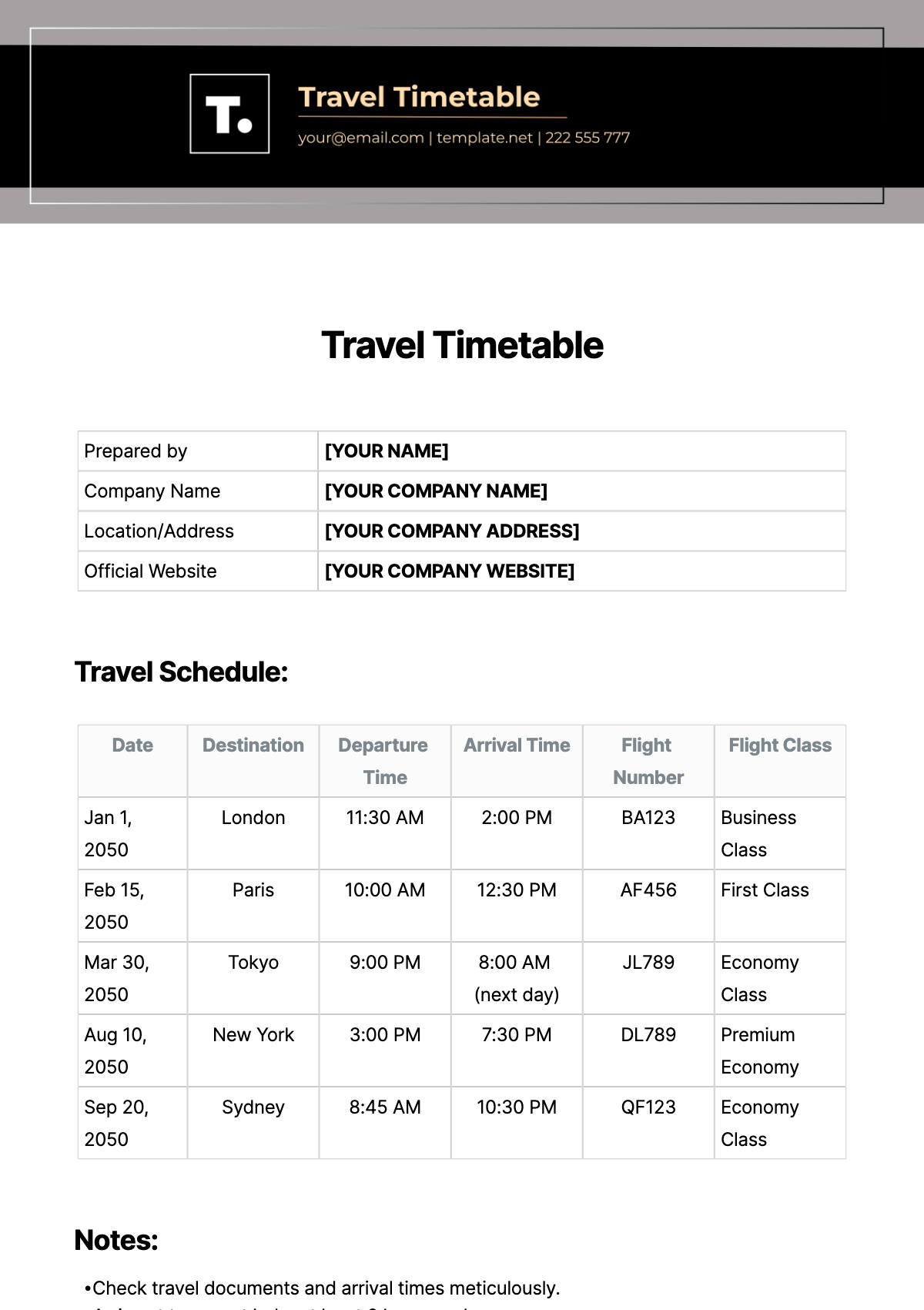 Travel Timetable Template