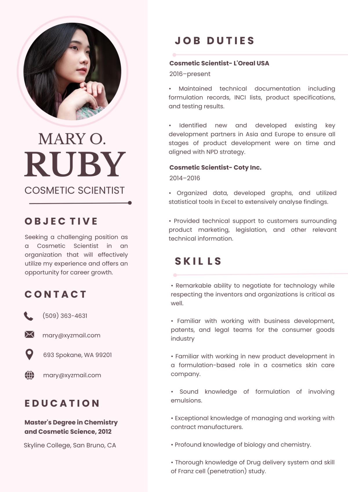 Free Cosmetic Scientist Resume Template