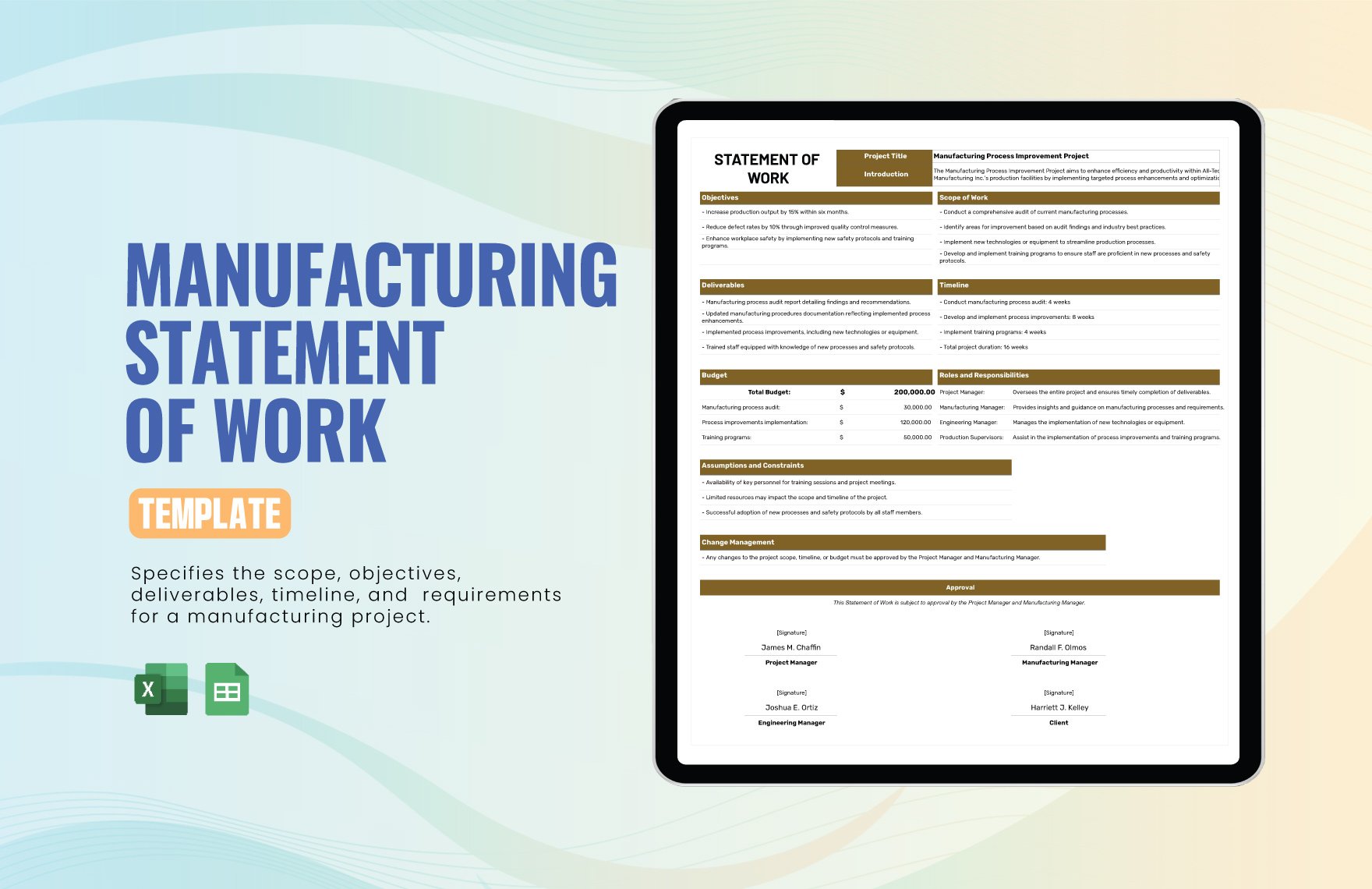 Manufacturing Statement of Work Template in Excel, Google Sheets