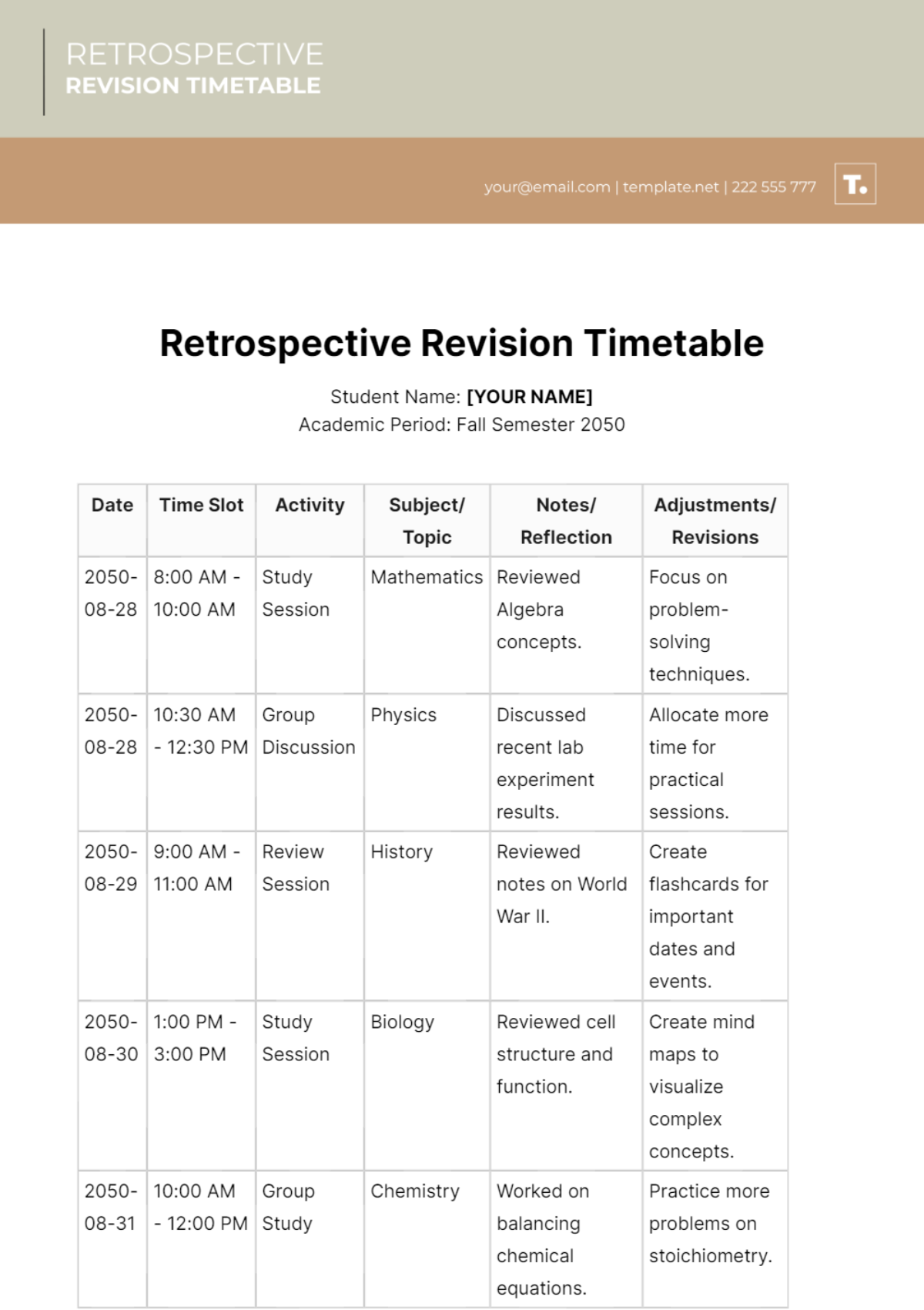 Retrospective Revision Timetable Template