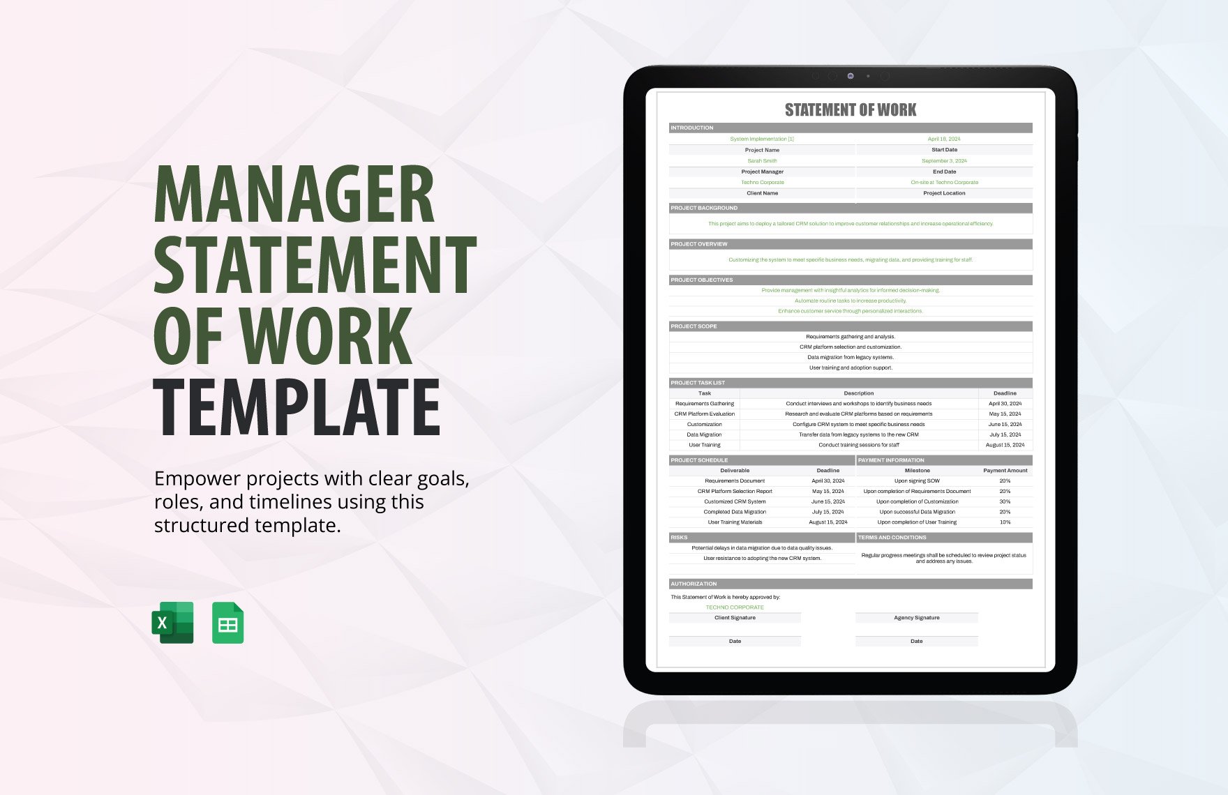 Manager Statement of Work Template in Excel, Google Sheets
