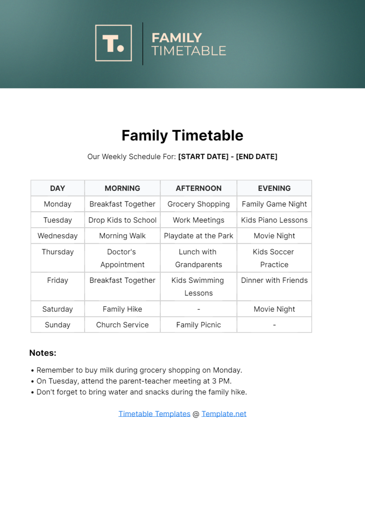 Family Timetable Template