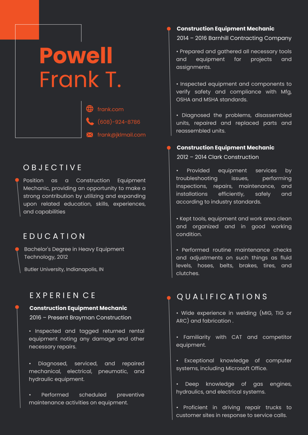Free Construction Equipment Resume Template