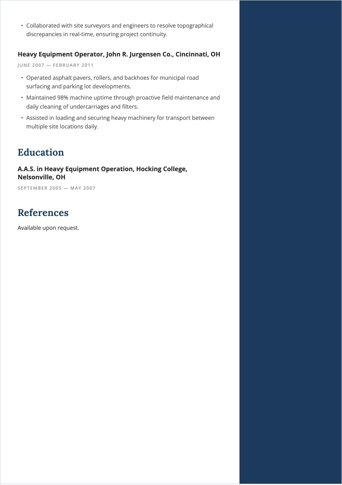 Free Construction Equipment ATS Resume Template, AI Resume Builder