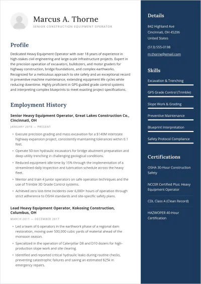 Free Construction Equipment ATS Resume Template, AI Resume Builder