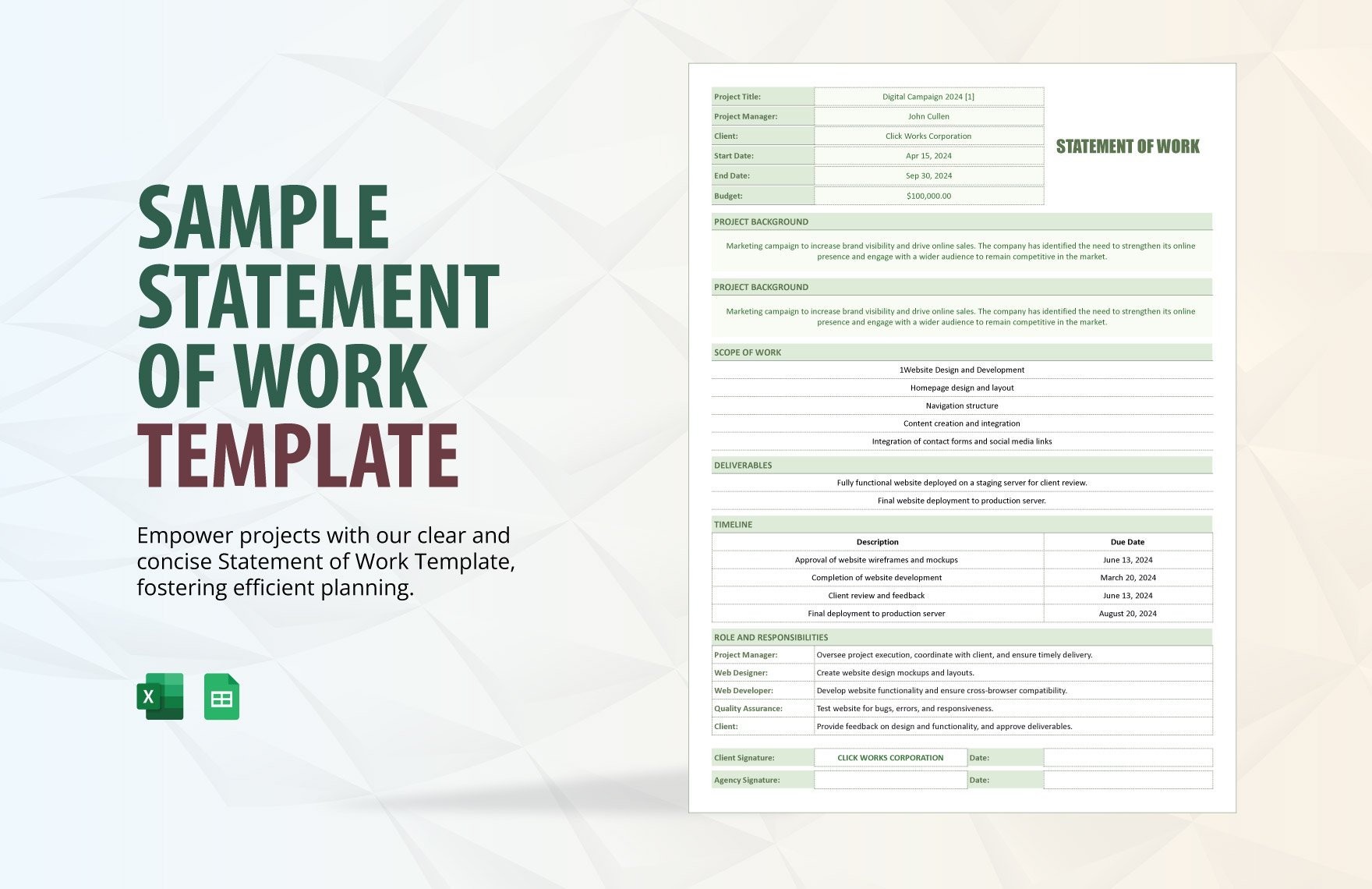 Sample Statement of Work Template in Excel, Google Sheets
