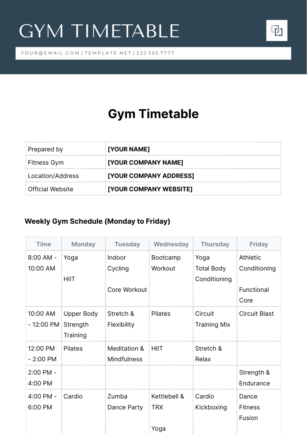 Gym Timetable Template
