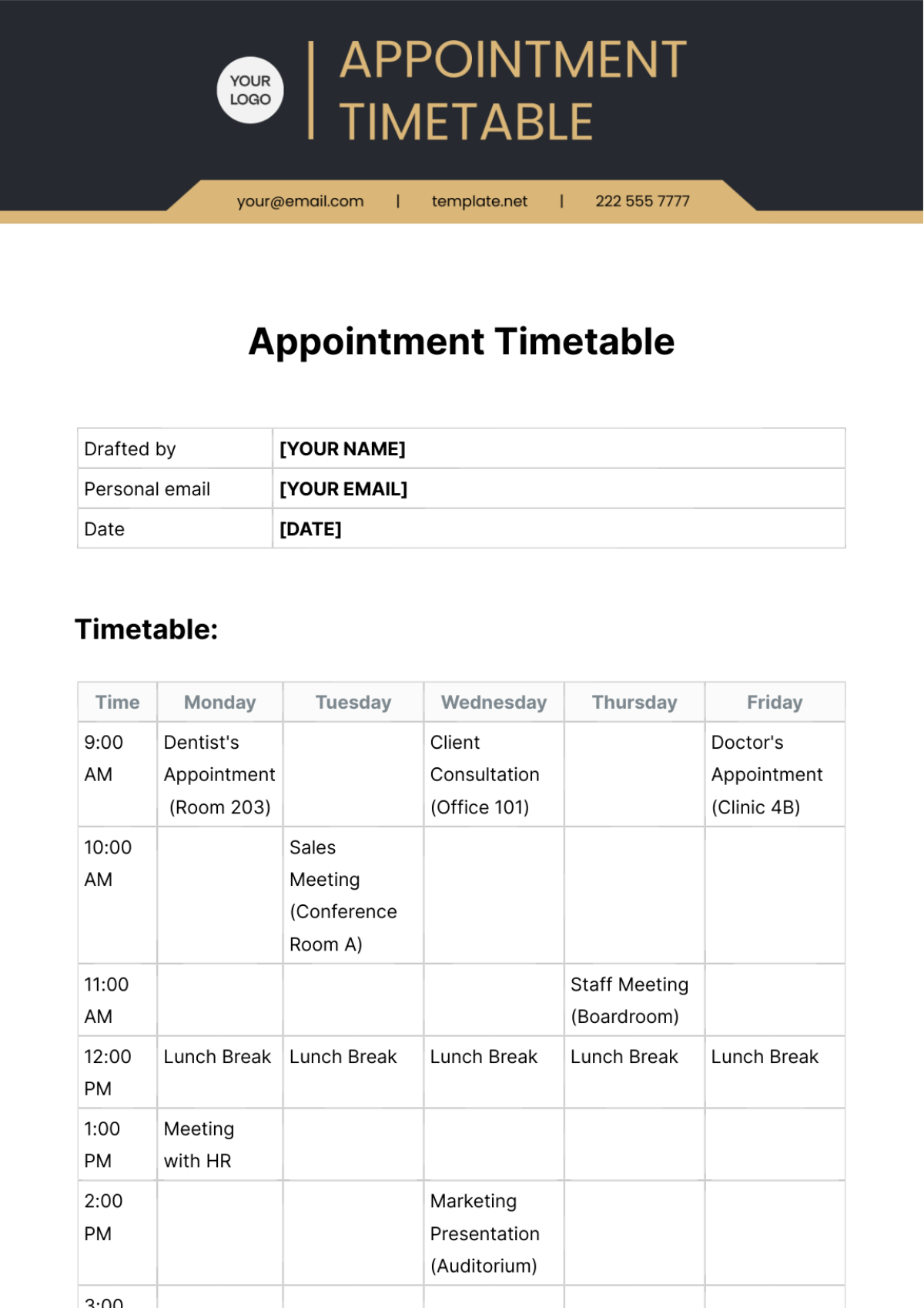 Appointment Timetable Template