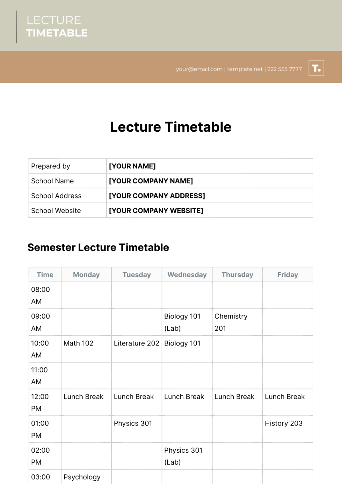 Lecture Timetable Template