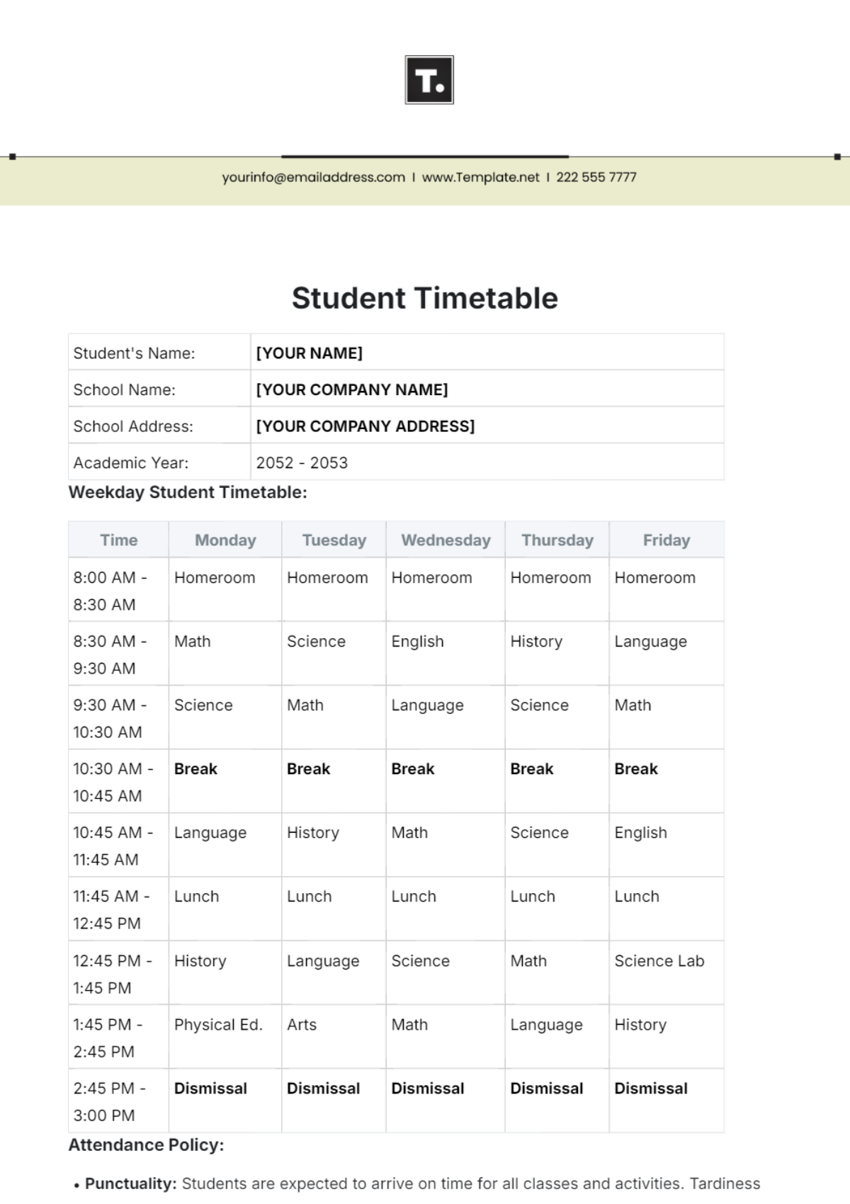 Sample Student Timetable Template