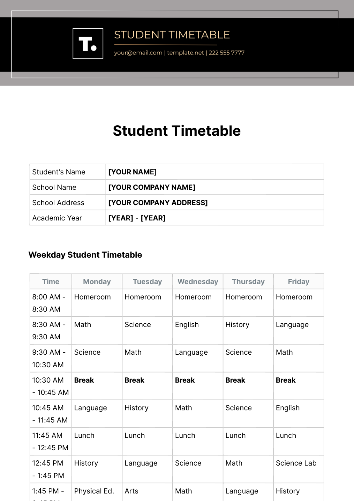Student Timetable Template