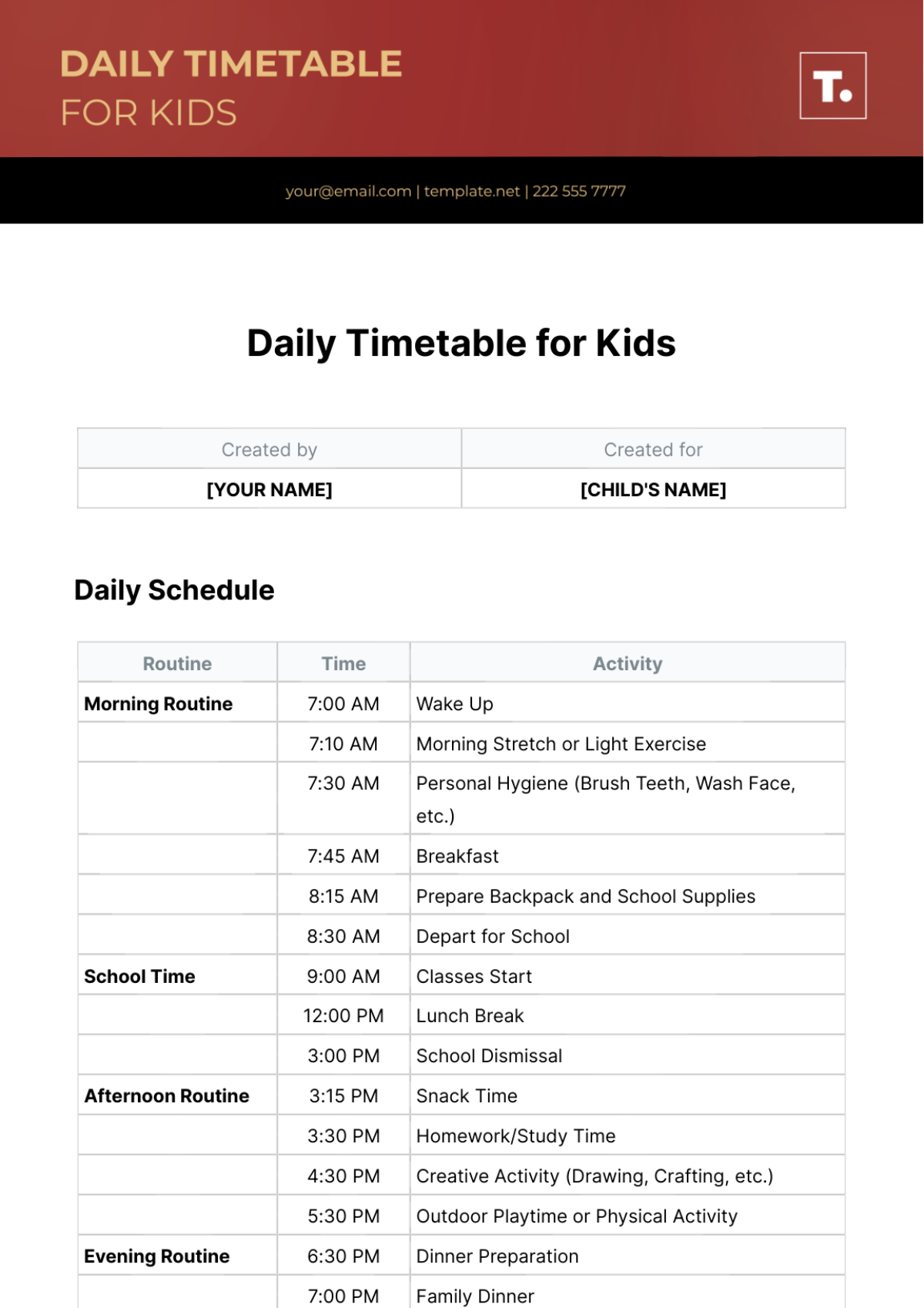 Daily Timetable Template for Kids