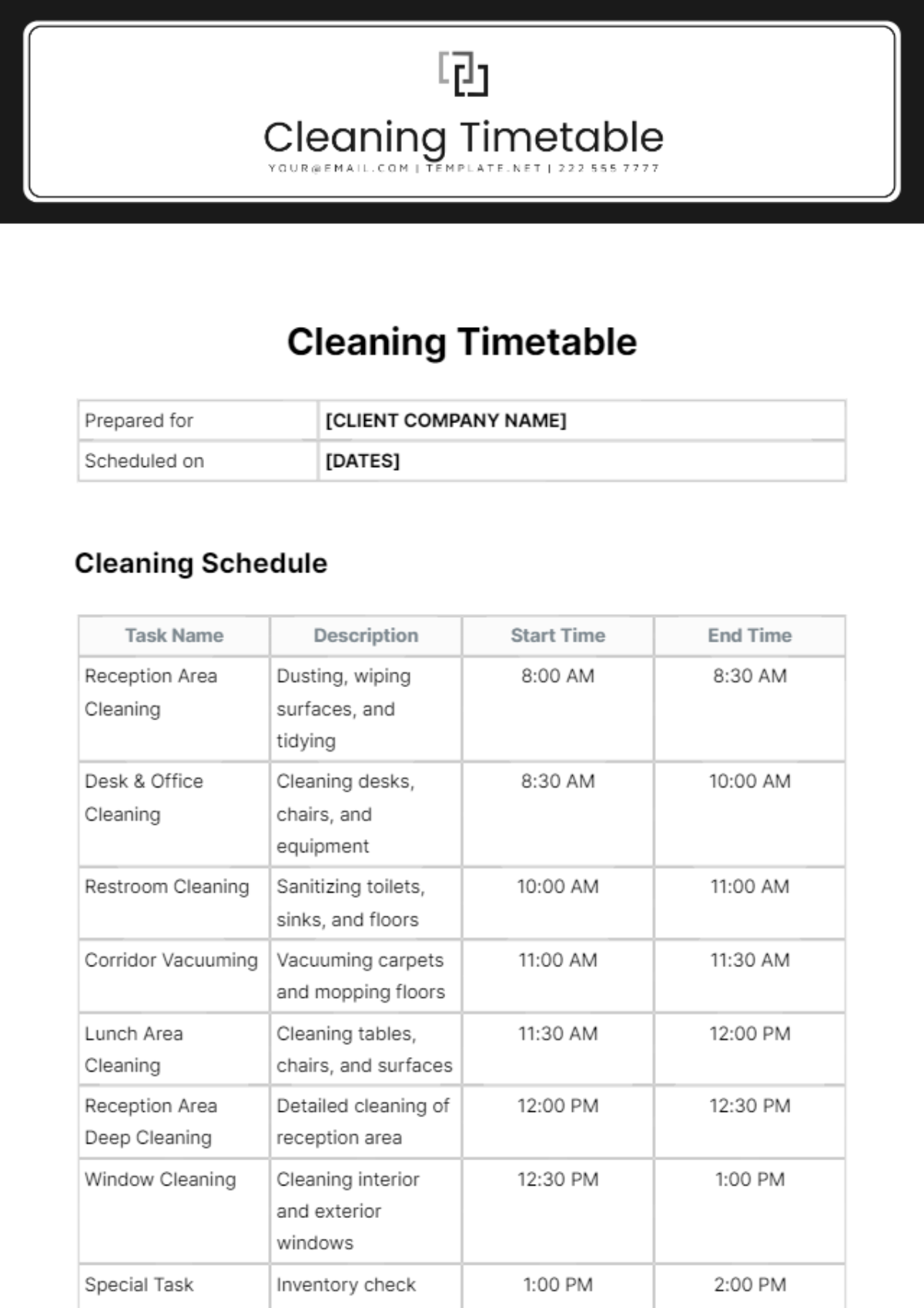 Cleaning Timetable Template