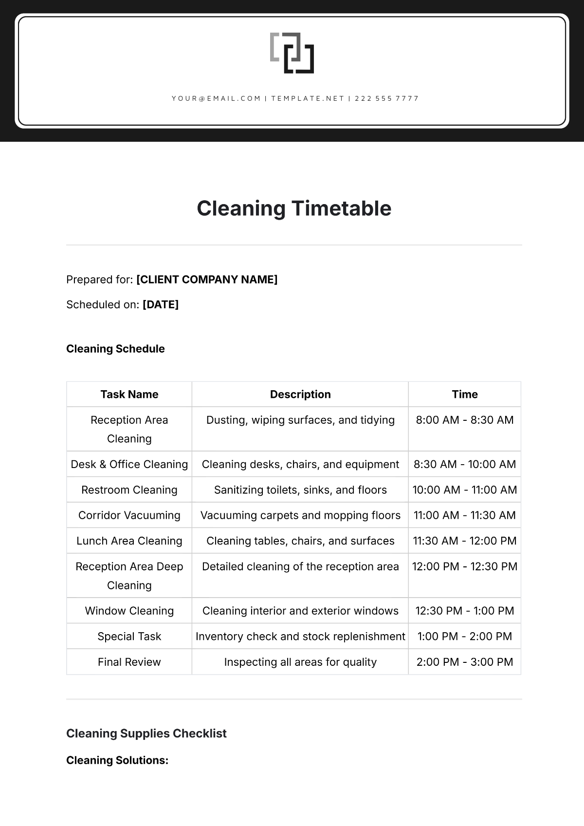 Cleaning Timetable Template - Edit Online & Download