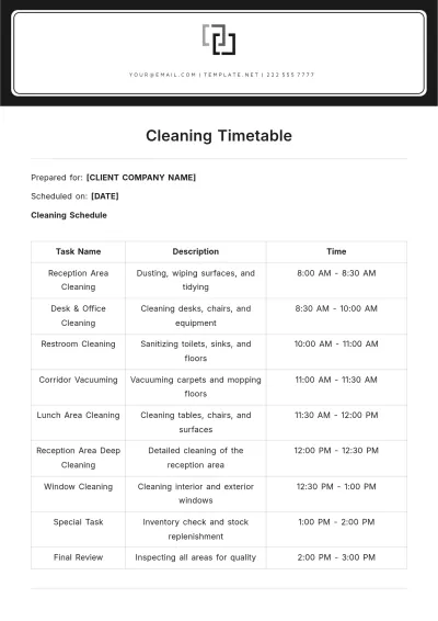 Free Cleaning Timetable Template to Edit Online