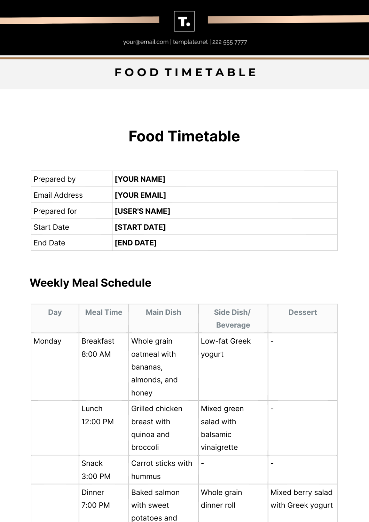 Food Timetable Template