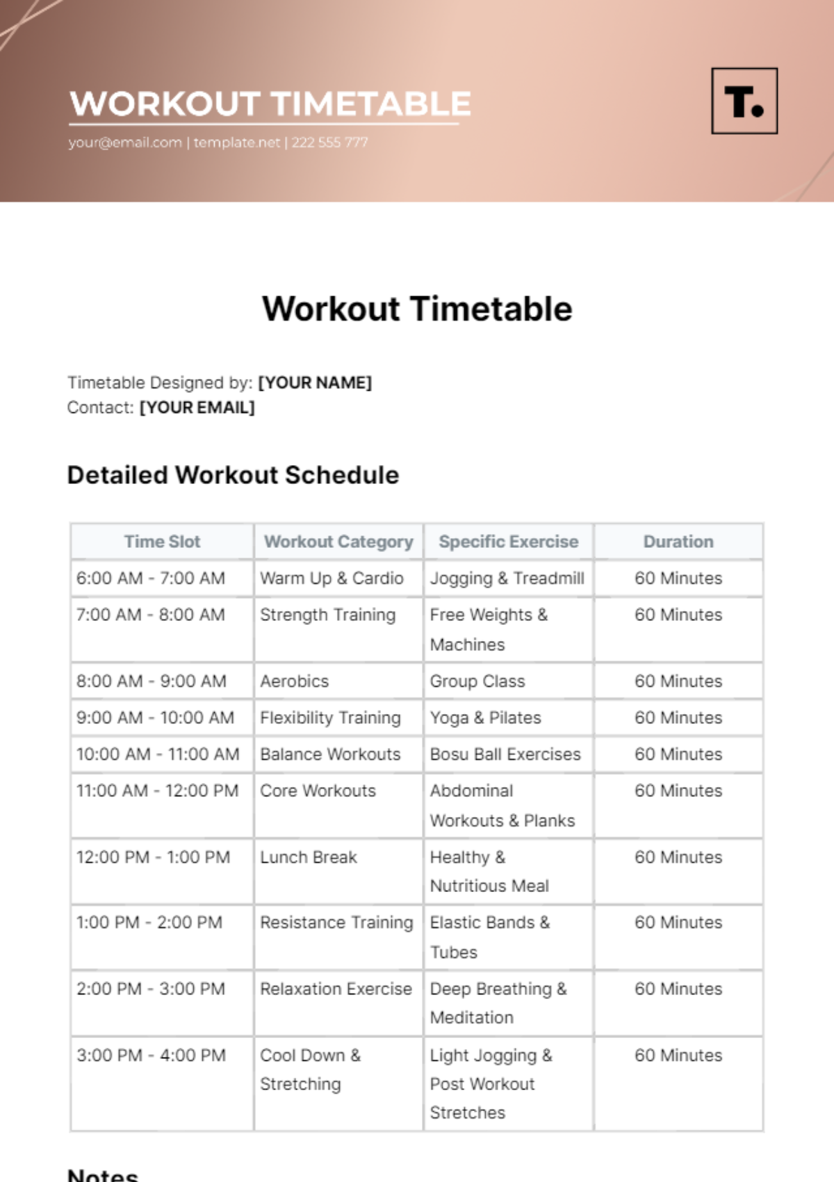 Workout Timetable Template 