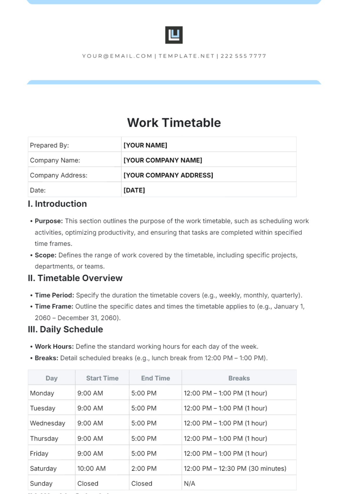 Work Timetable Outline Template