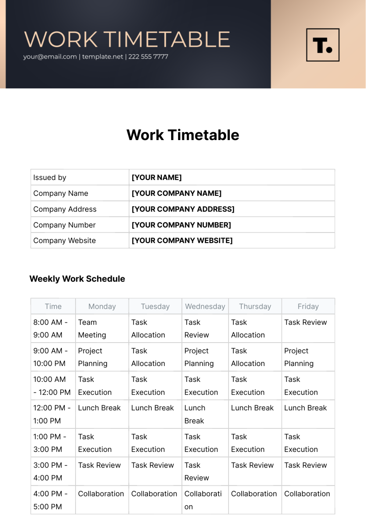 Work Timetable Template