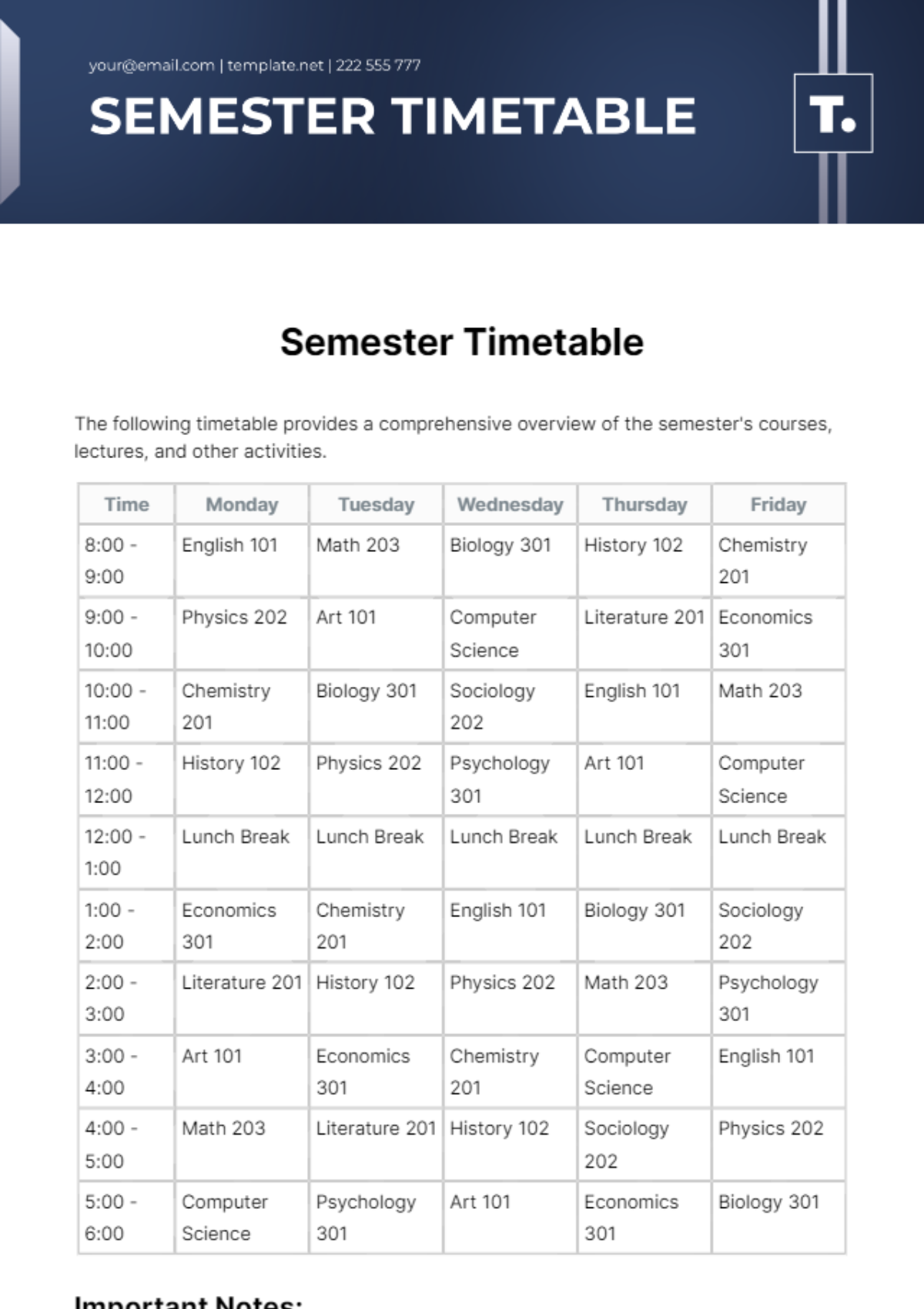 Semester Timetable Template