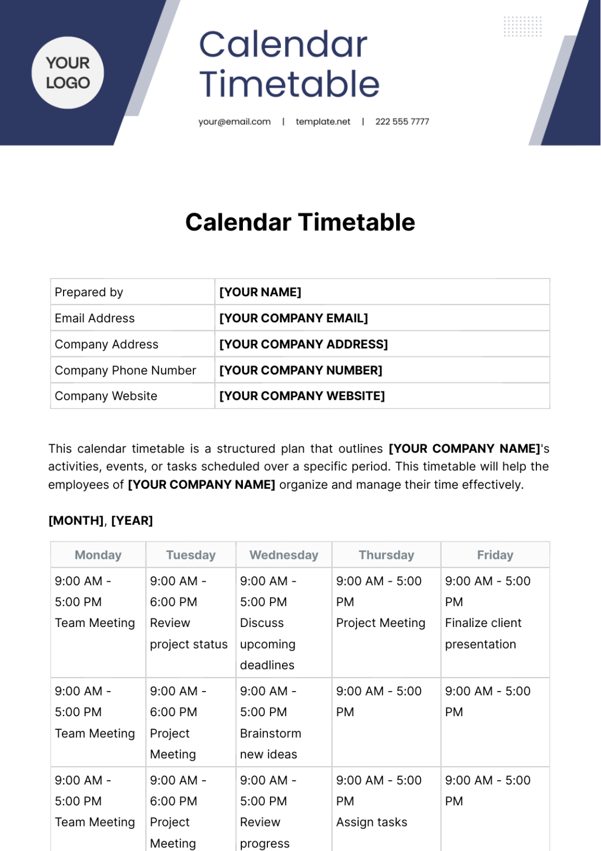 Calendar Timetable Template