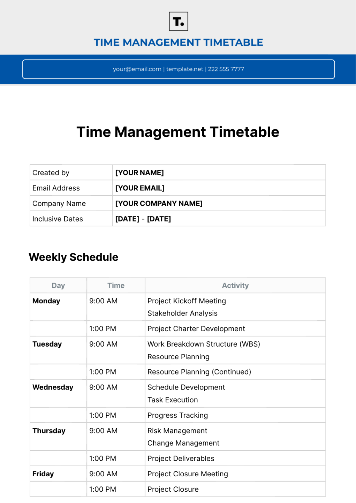 Time Management Timetable Template