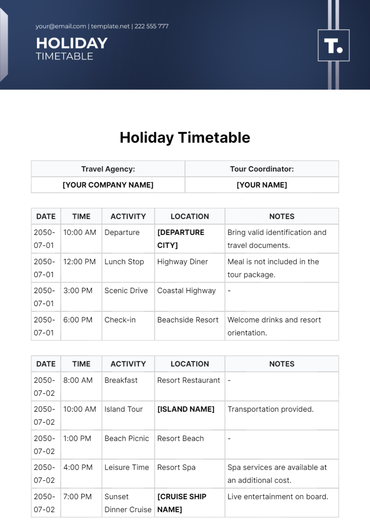 Holiday Timetable Template