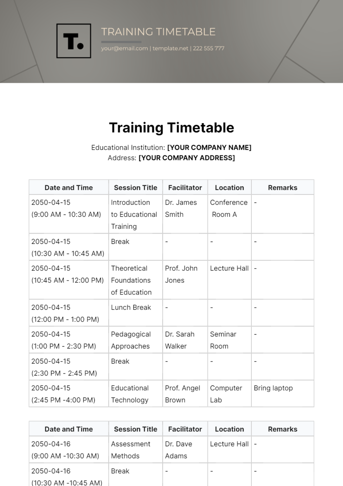 Training Timetable Template