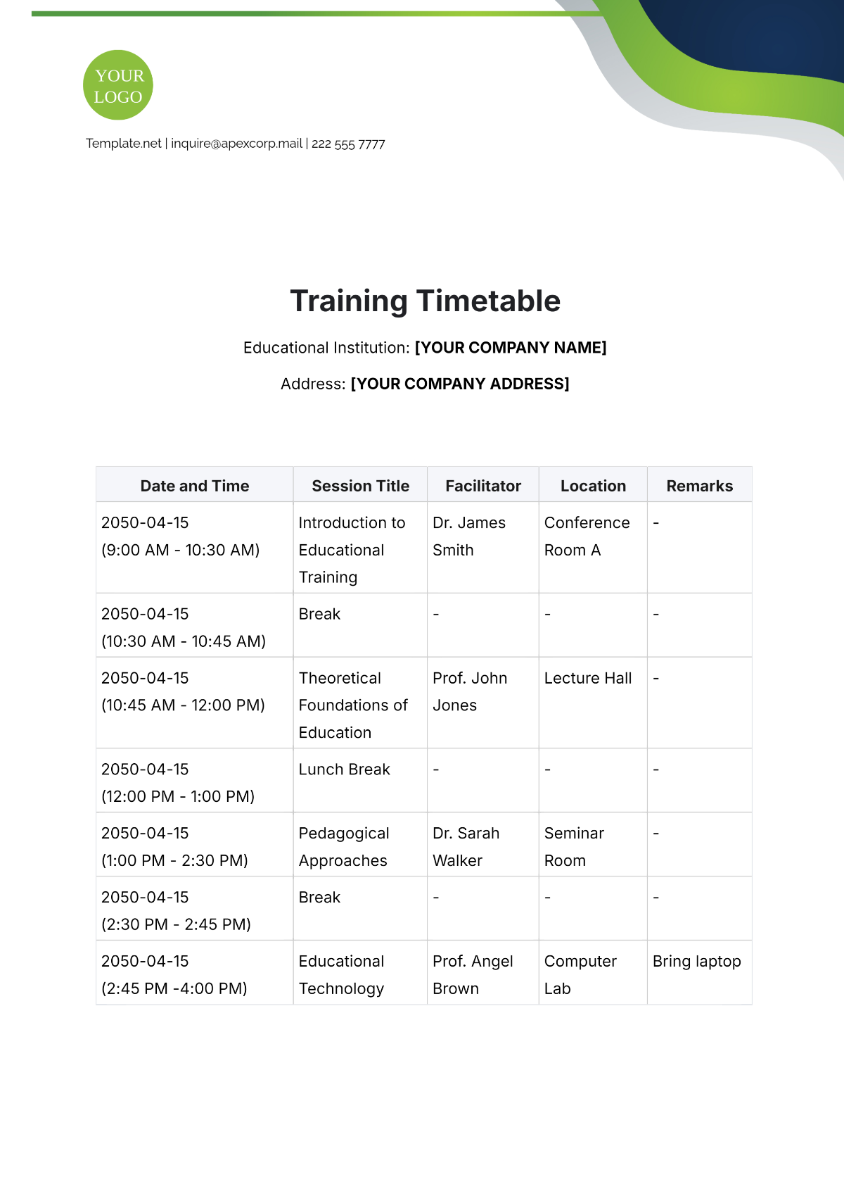 Free Training Timetable Template