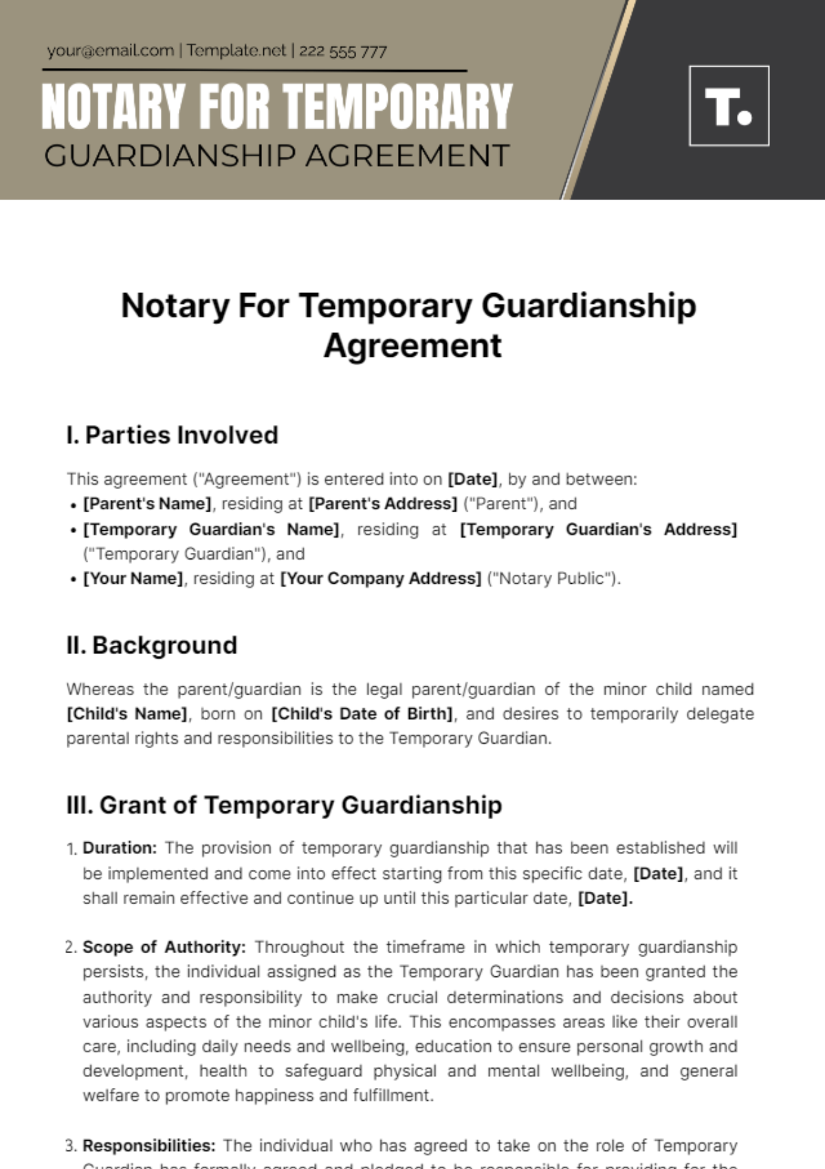 Notary For Temporary Guardianship Agreement Template