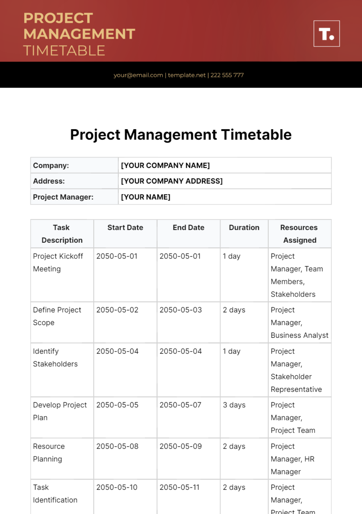 Free Project Management Timetable Template