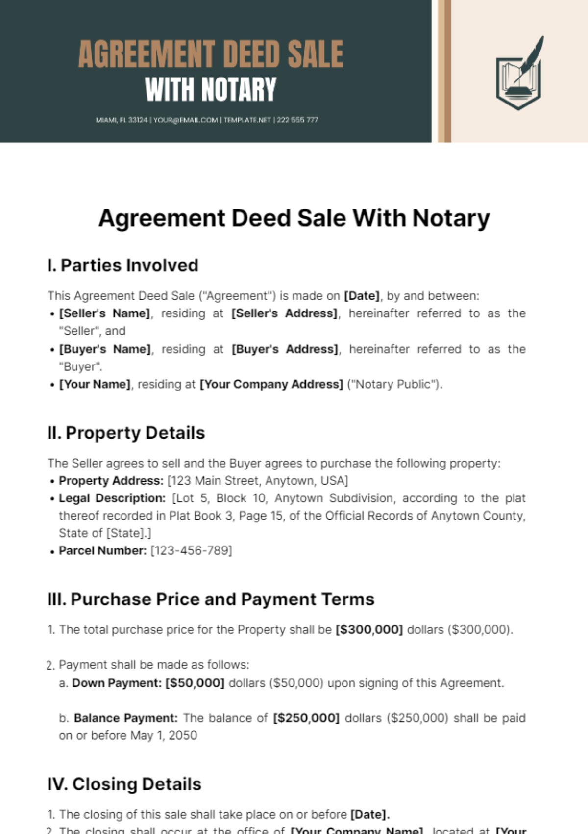 Free Agreement Deed Sale With Notary Template