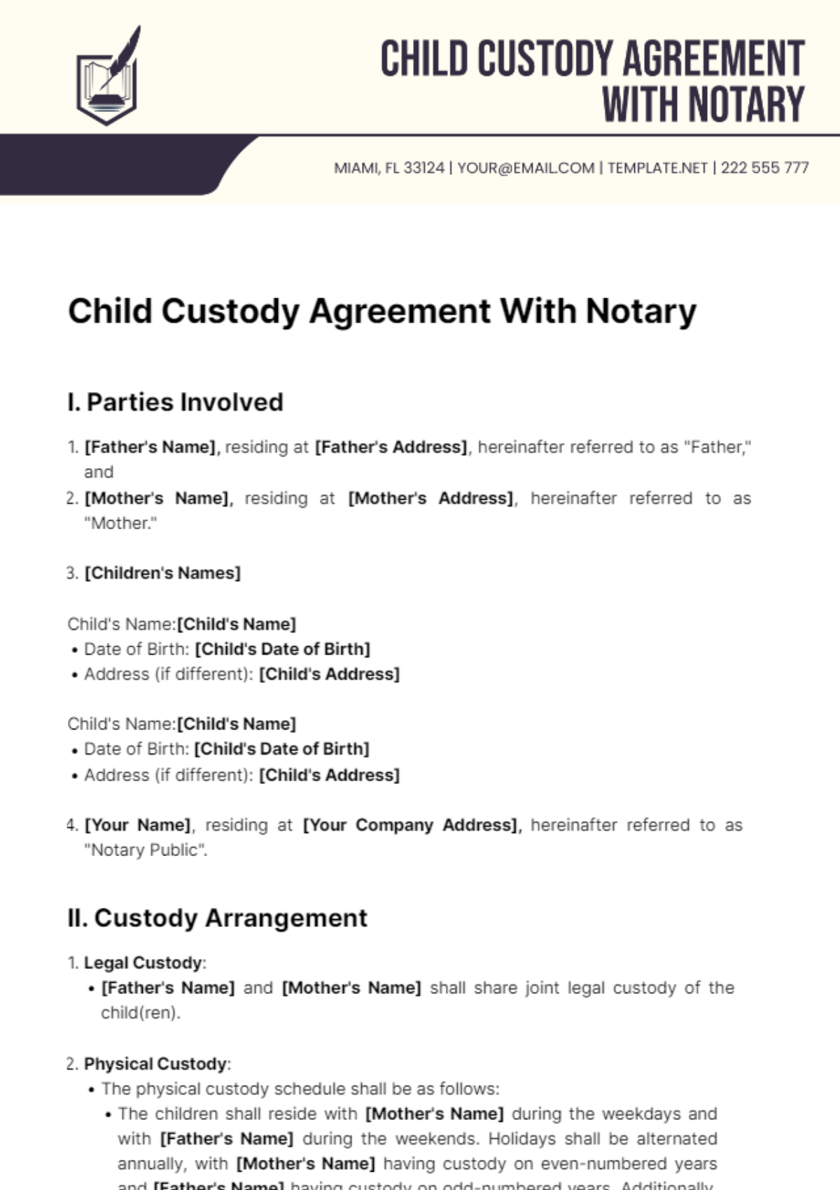 Child Custody Agreement With Notary Template