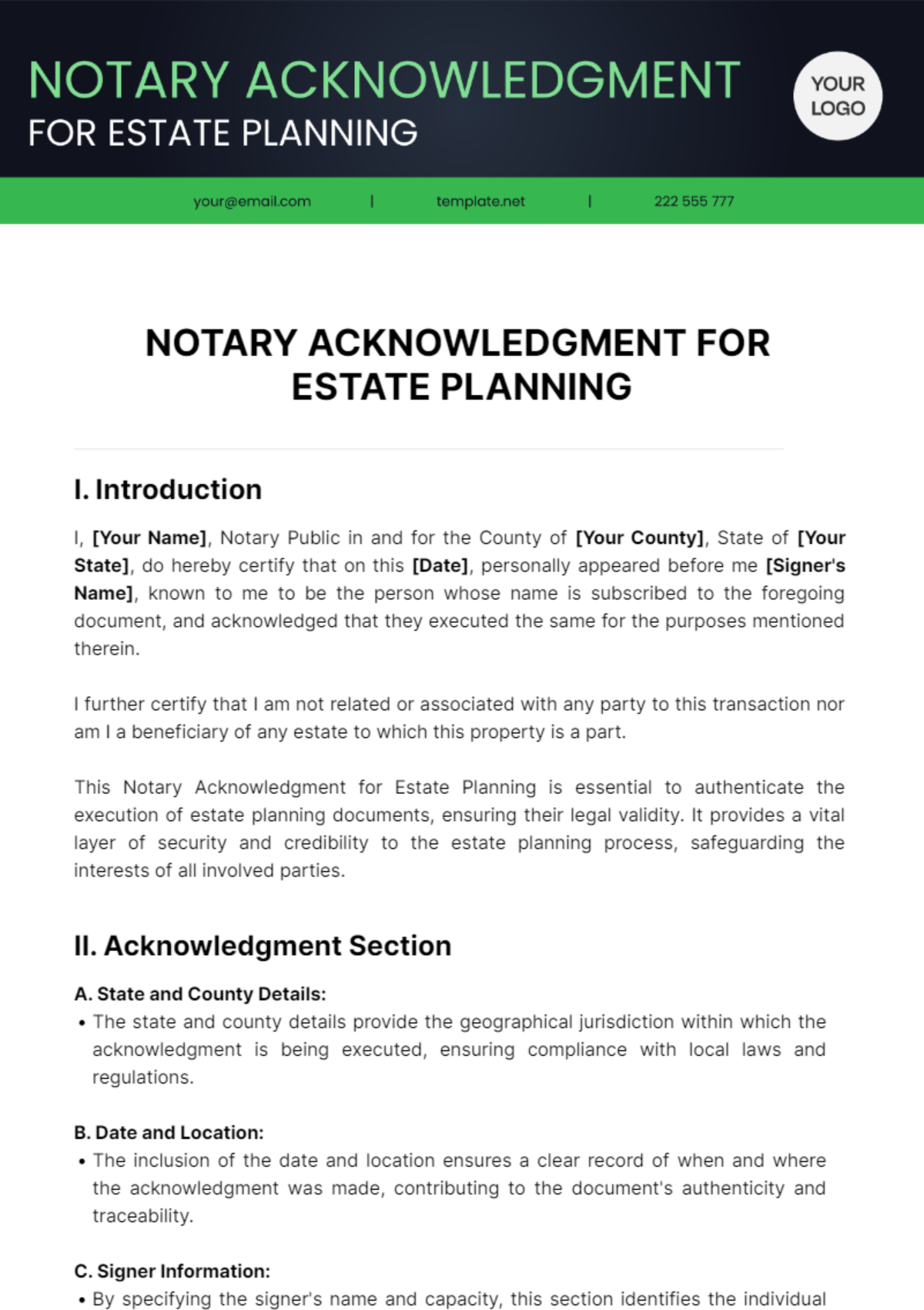 Notary Acknowledgment For Estate Planning Template