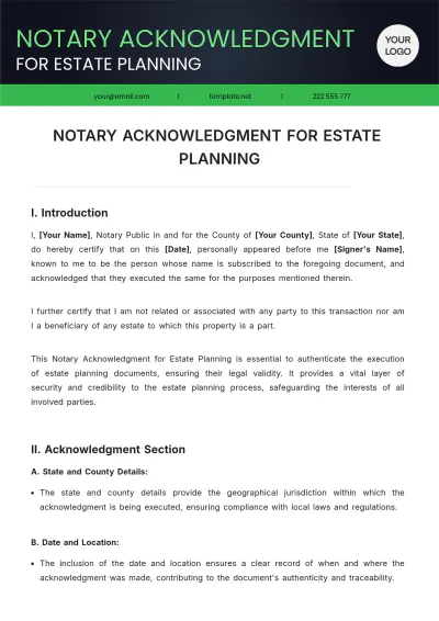 Free Notary Acknowledgment For Estate Planning Template to Edit Online