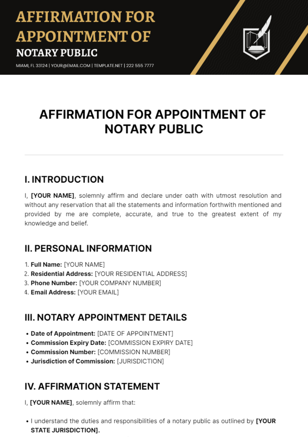 Free Affirmation For Appointment Of Notary Public Template