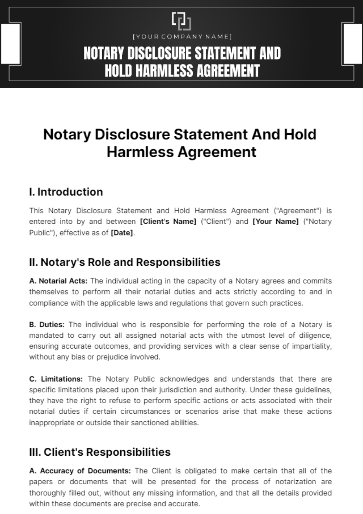 Notary Disclosure Statement And Hold Harmless Agreement Template