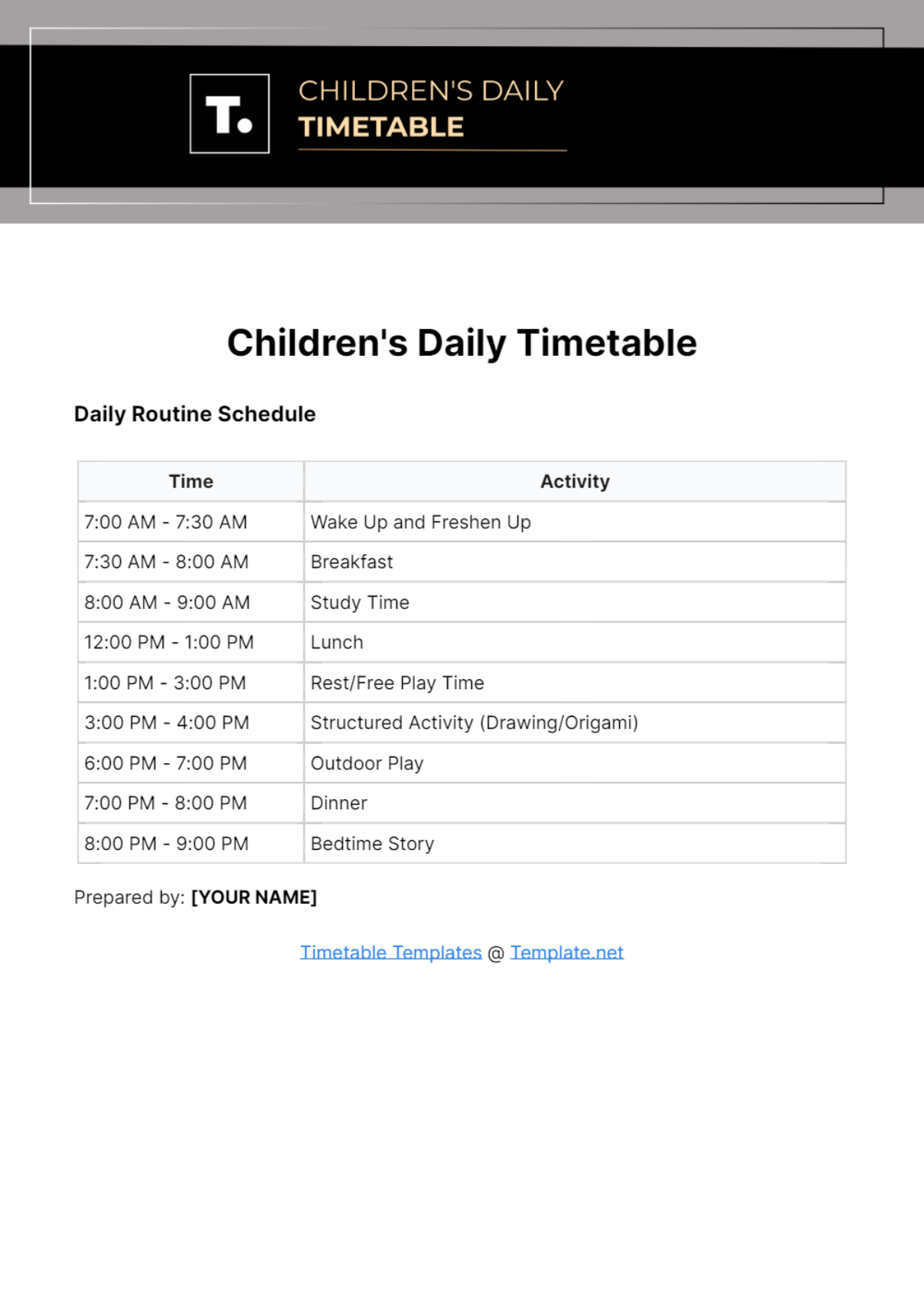 Free Children's Daily Timetable Template