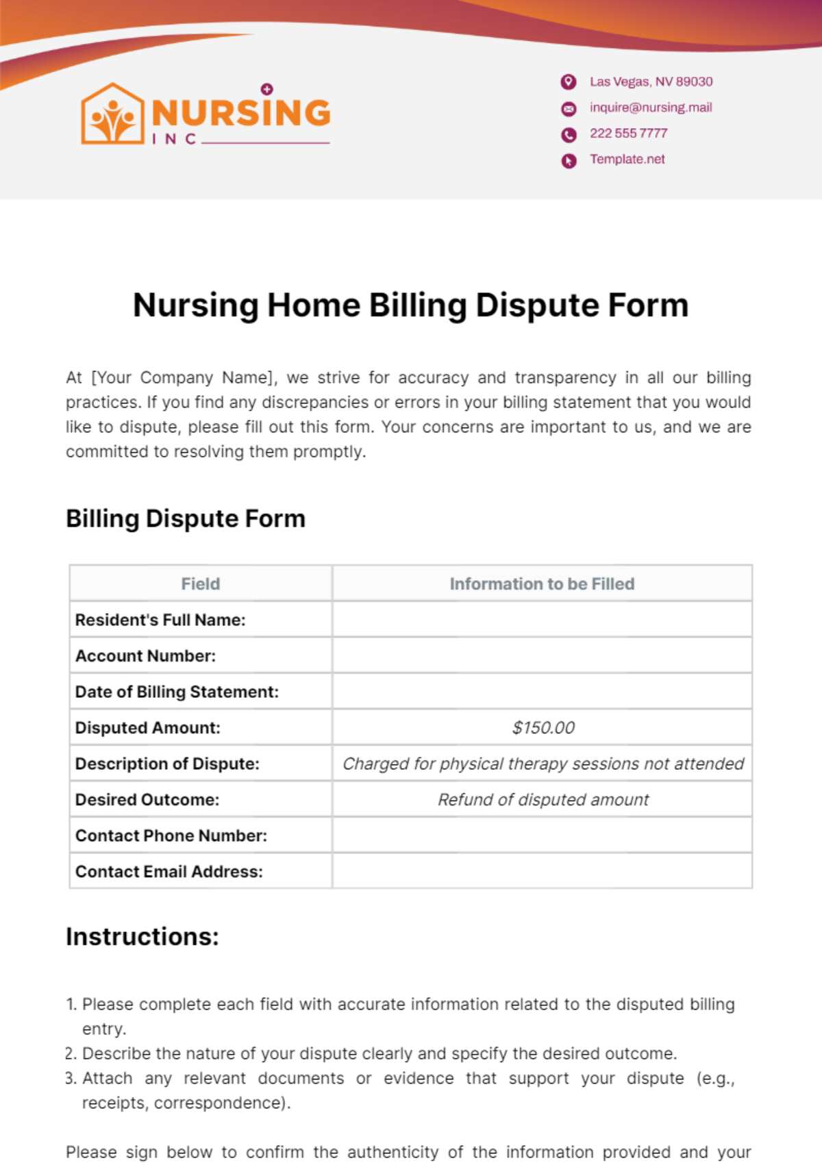 Nursing Home Billing Dispute Form Template