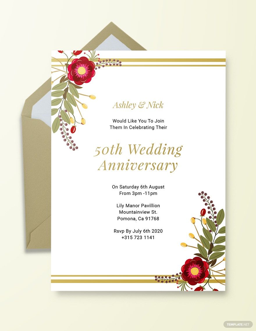 Printable 50th Wedding Anniversary Invitation Template in Illustrator, PSD