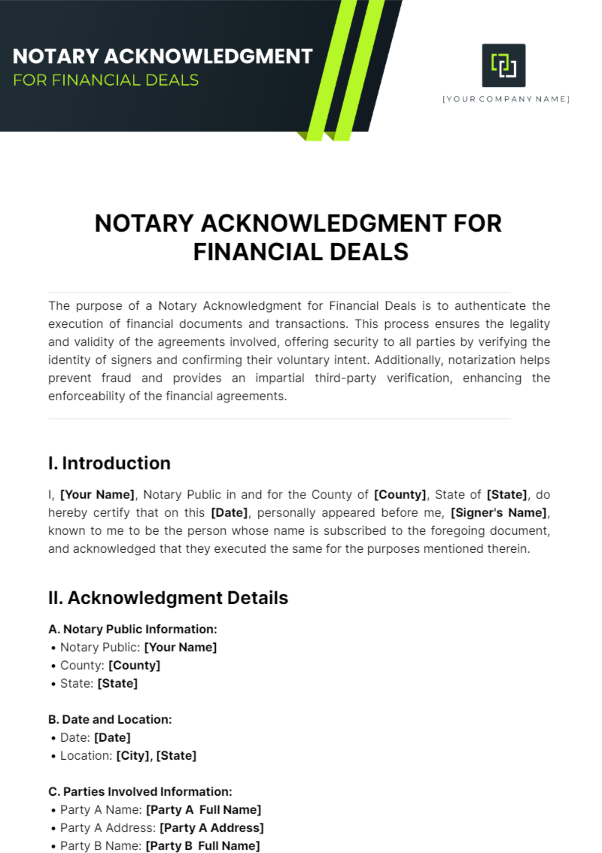 Notary Acknowledgment For Financial Deals Template