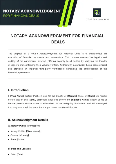 Free Notary Acknowledgment For Financial Deals Template to Edit Online