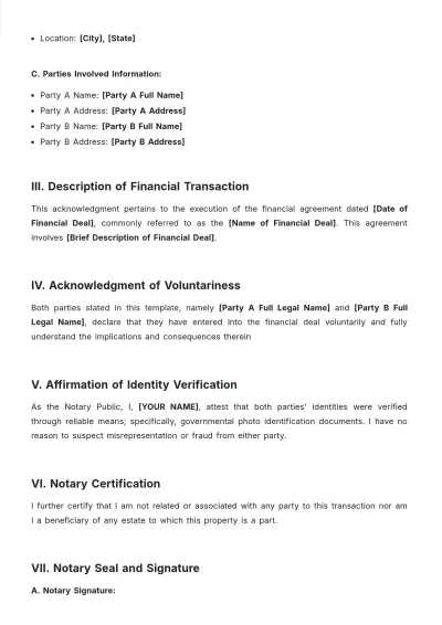 Free Notary Acknowledgment For Financial Deals Template to Edit Online