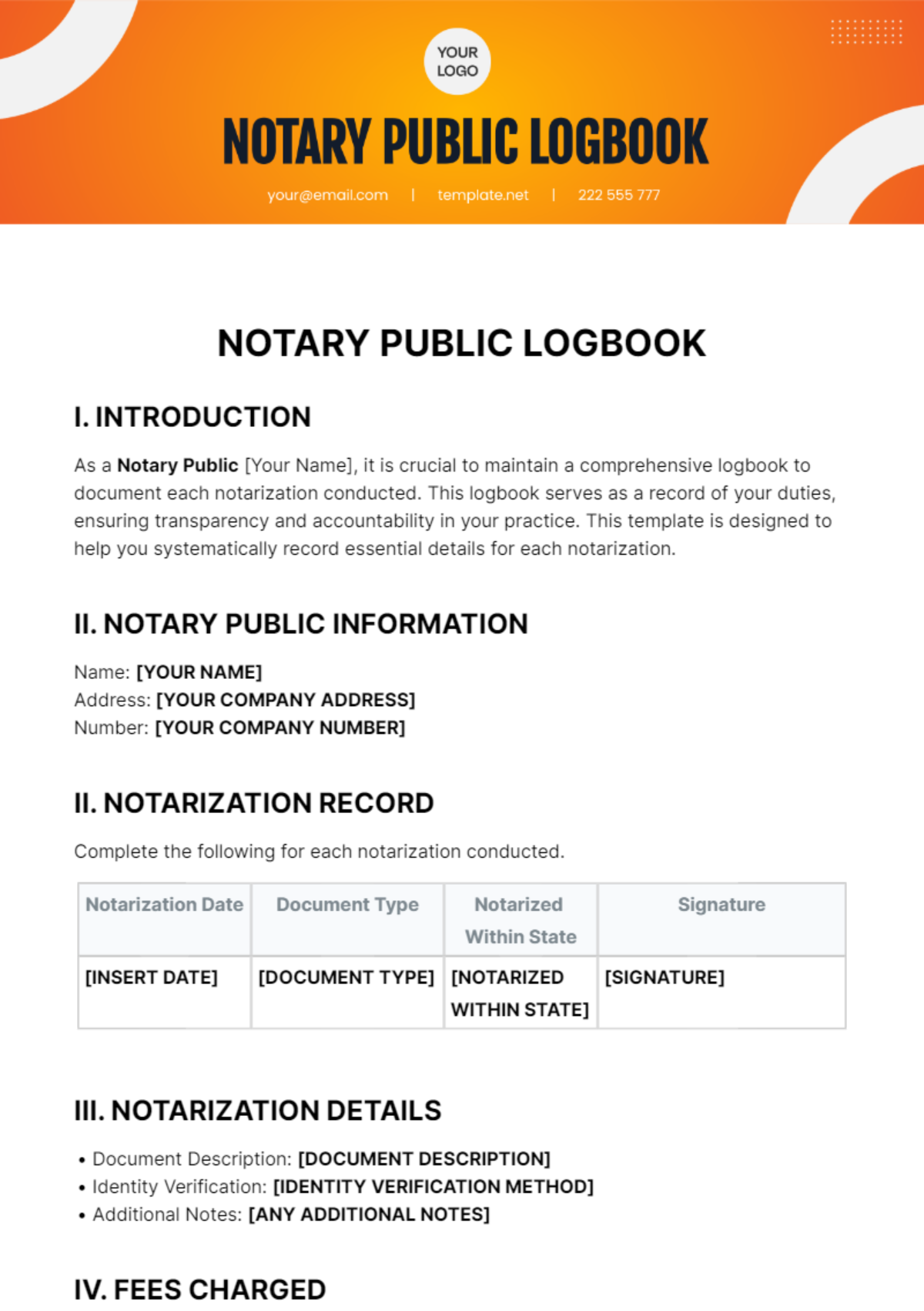 Free Notary Public Log Book Template