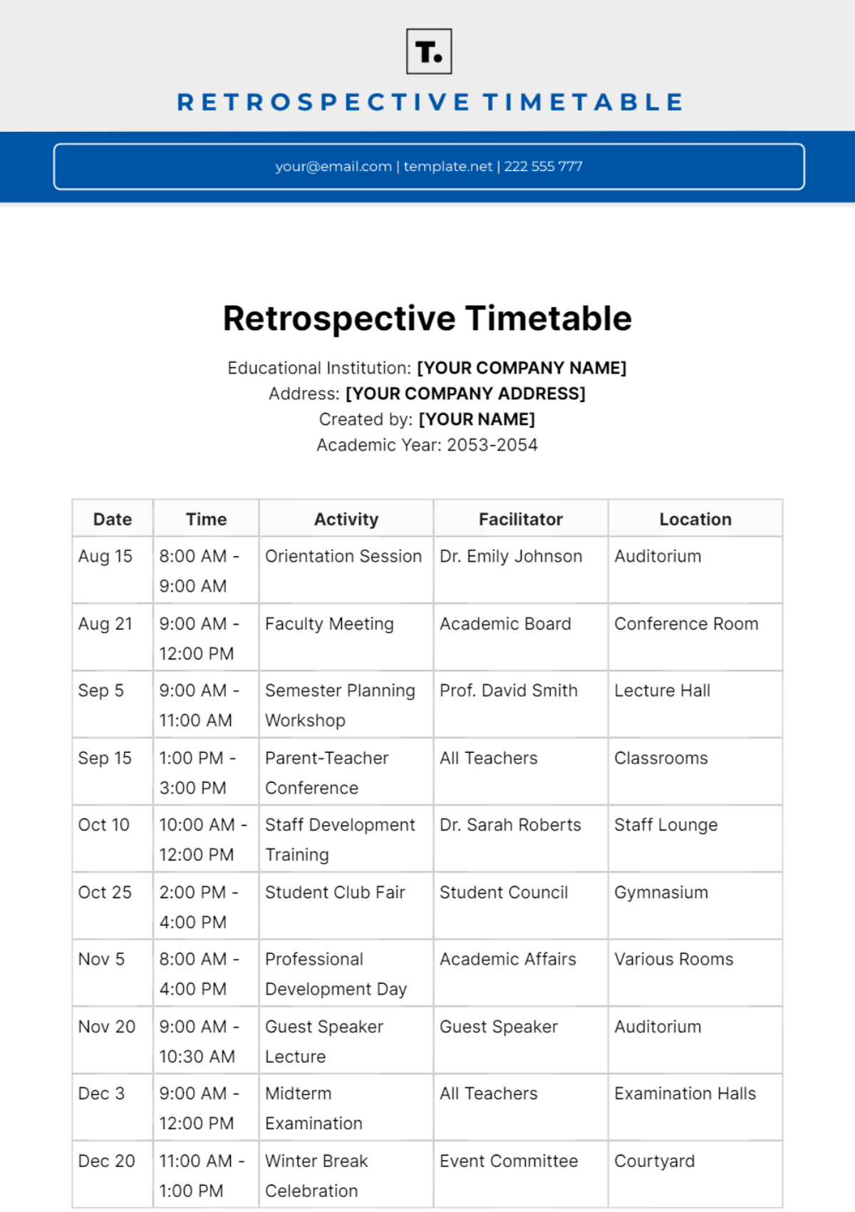 Retrospective Timetable Template