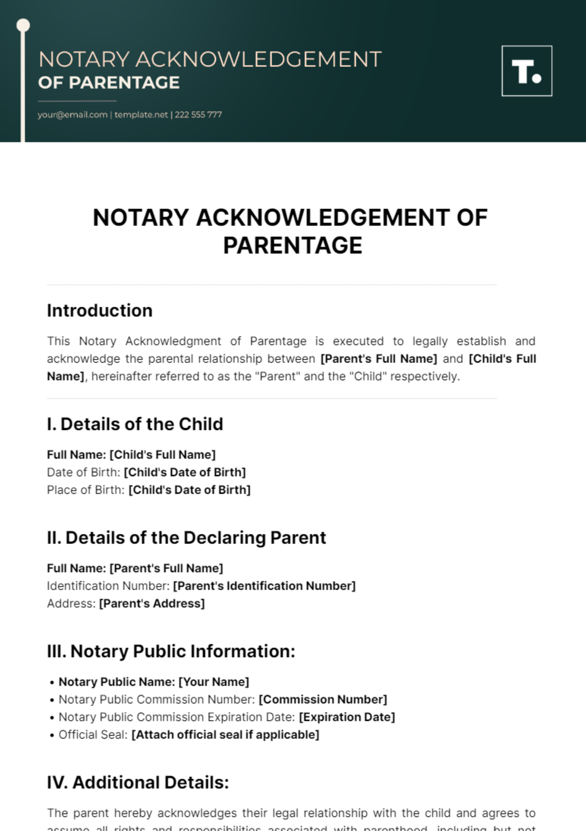 Notary Acknowledgement Of Parentage Template