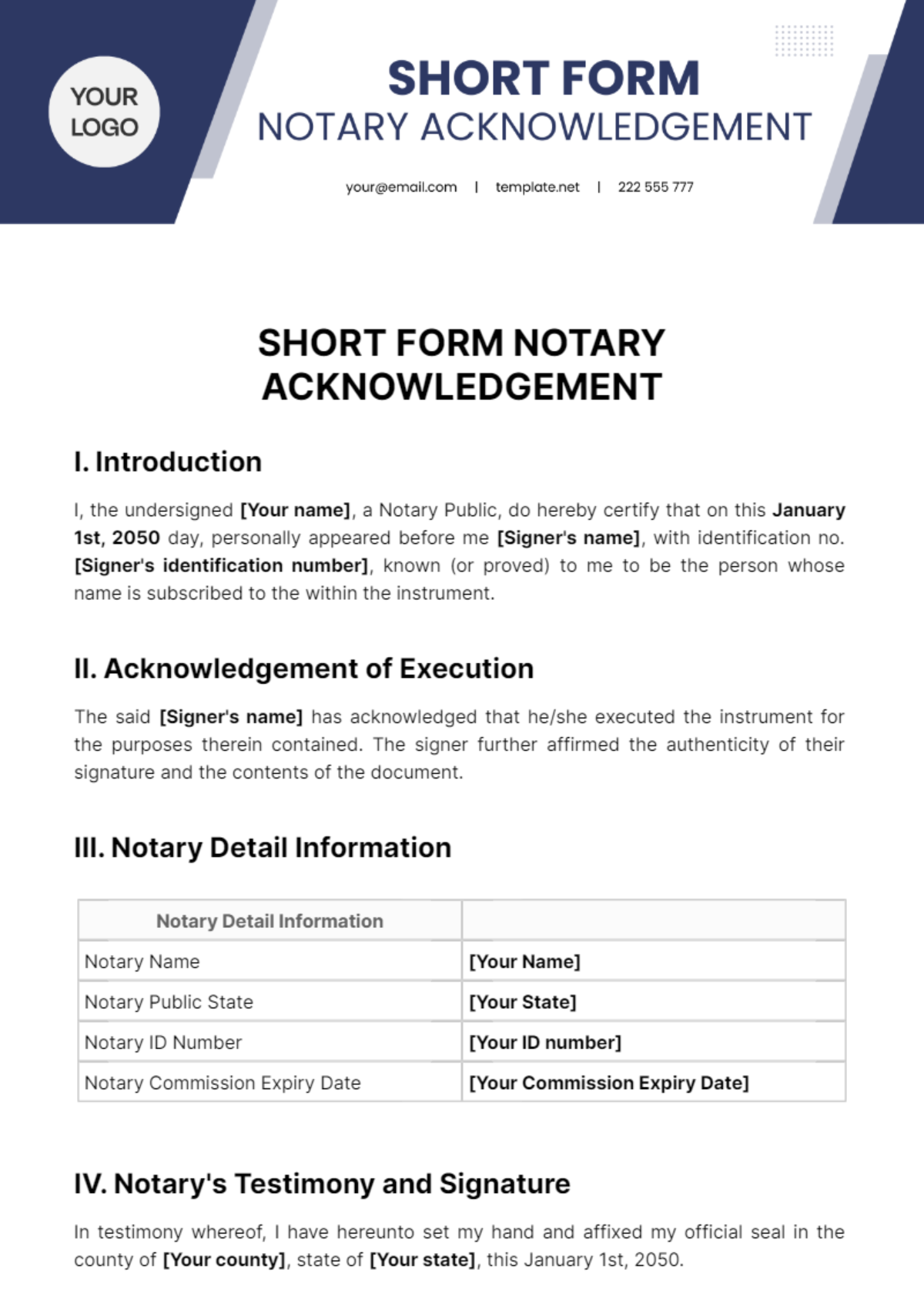 Short Form Notary Acknowledgement Template