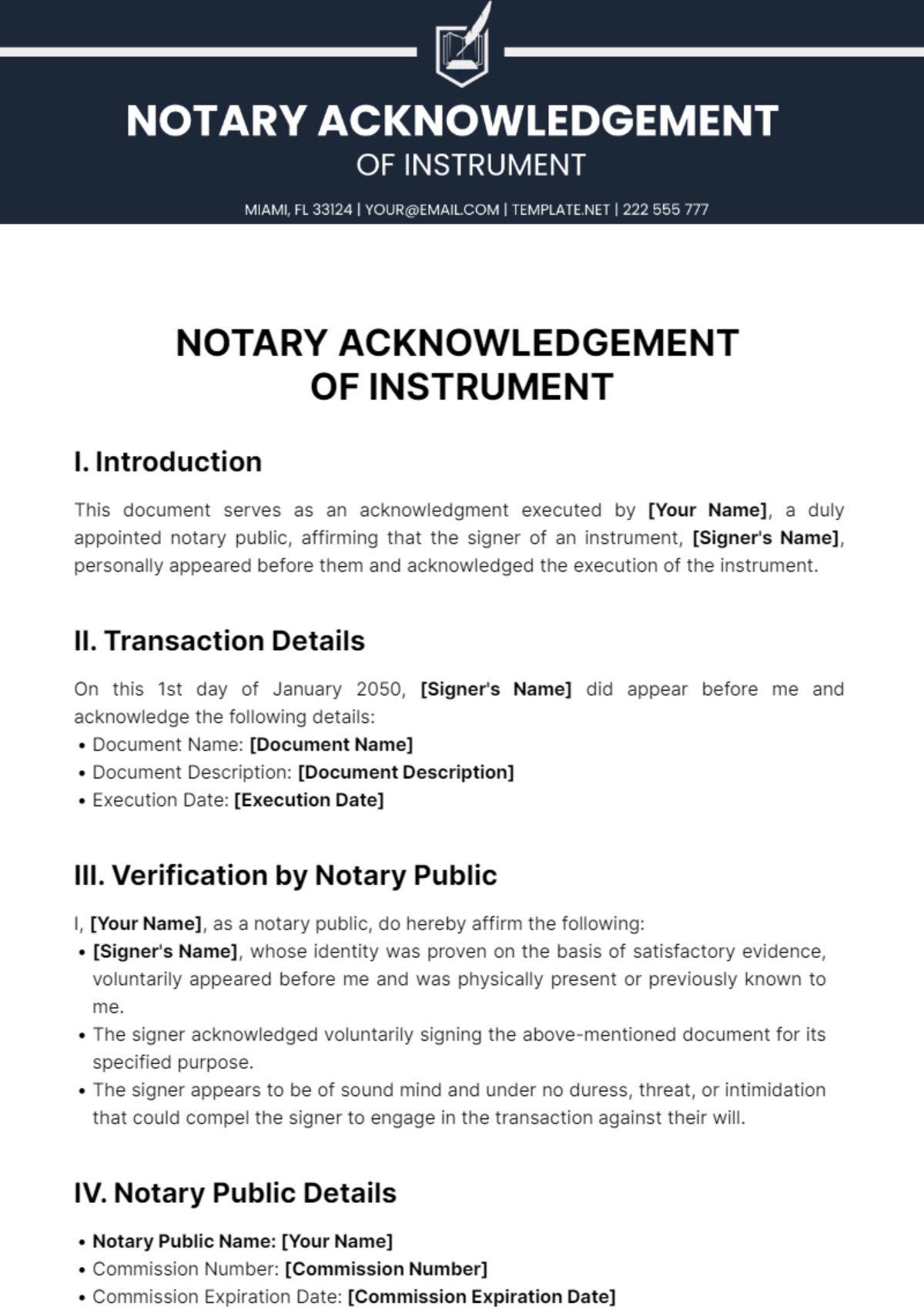 Free Notary Acknowledgement Of Instrument Template