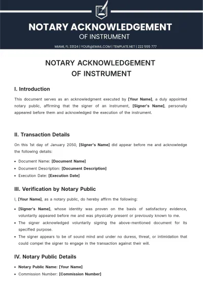 Free Notary Acknowledgement Of Instrument Template to Edit Online