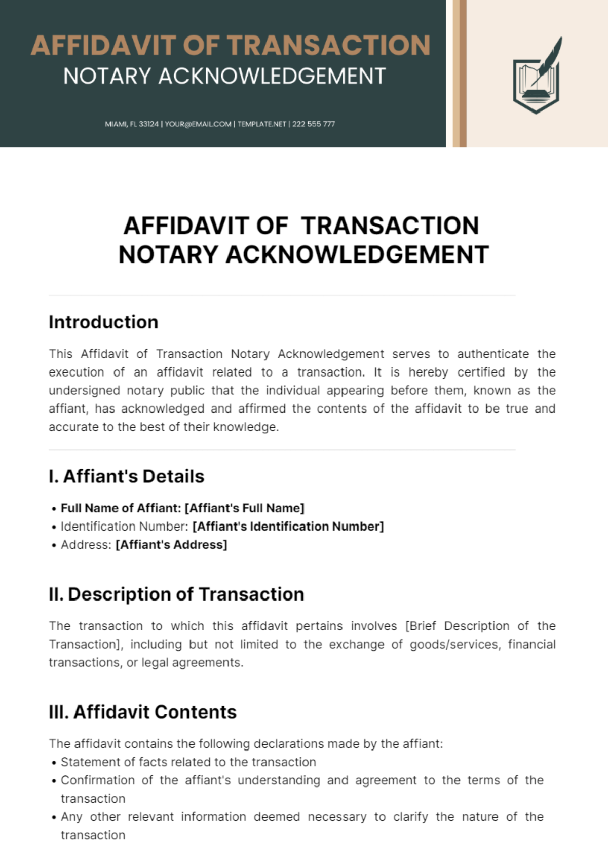 Free Affidavit Of Transaction Notary Acknowledgement Template